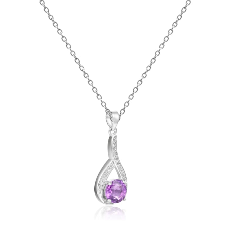 Round Amethyst and White Sapphire Sterling Silver Pendant With Chain