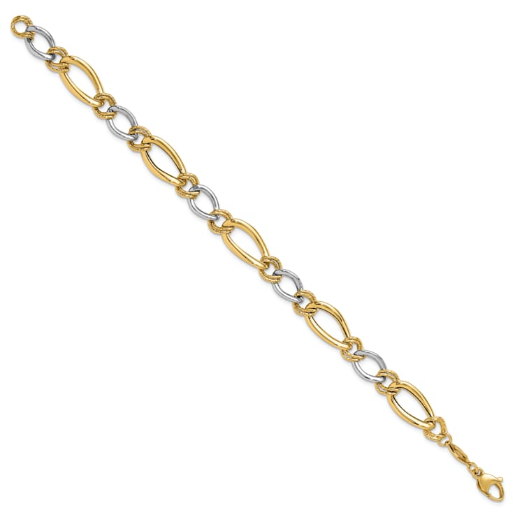 14k Two-tone Gold 8mm Polished and Textured Fancy Oval Curb Link Bracelet