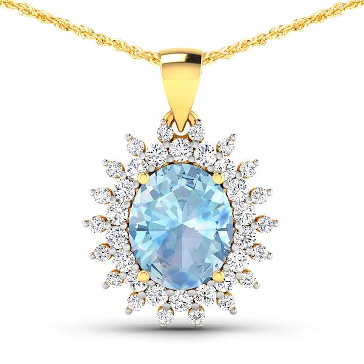 Oval Blue Aquamarine and White Diamond 14K Yellow Gold Halo Pendant with
Cable Chain 2.70ctw