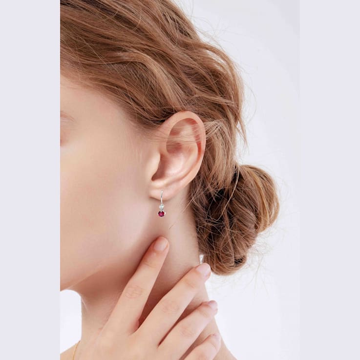 Red Lab Created Ruby With Moissanite Accents Rhodium Over Silver Dangle Earrings