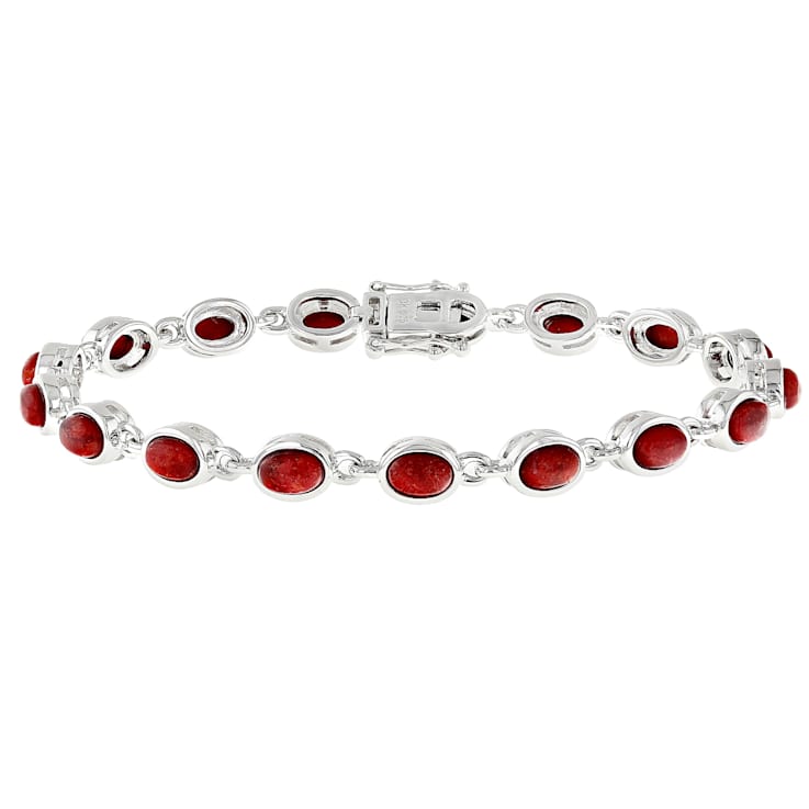 Red Coral Tennis Bracelet In Sterling Silver 6x4mm