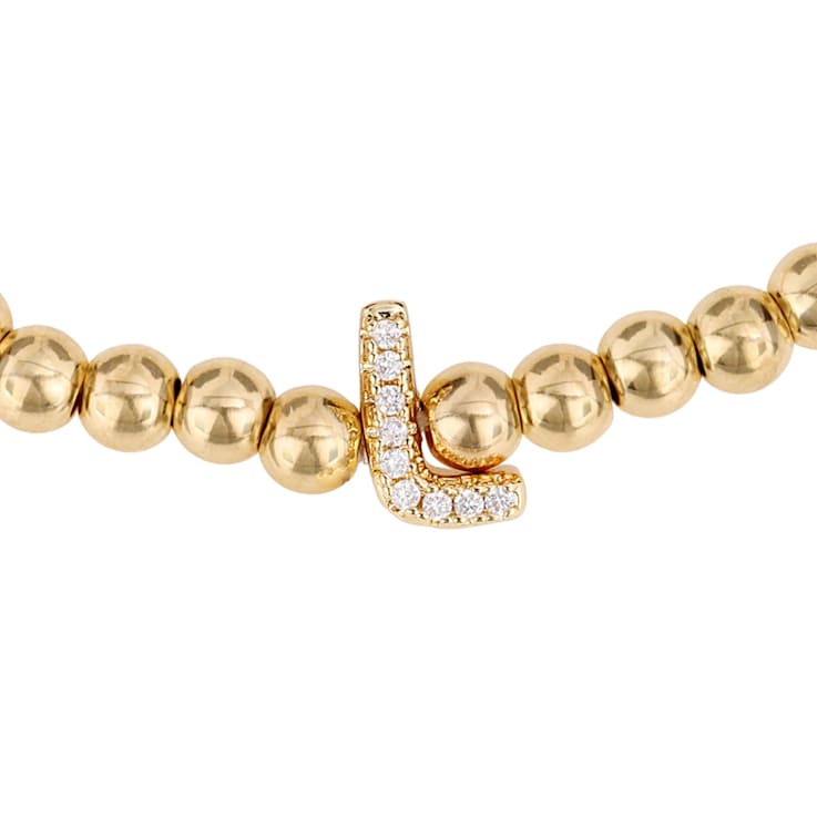 Initial L CZ Beaded Bracelet Set In 14K Gold Over Brass 0.09ctw