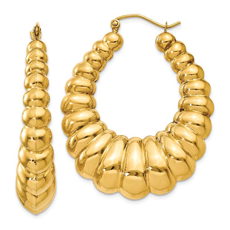 14k Yellow Gold 1 5/8" Polished Scalloped Hoop Earrings