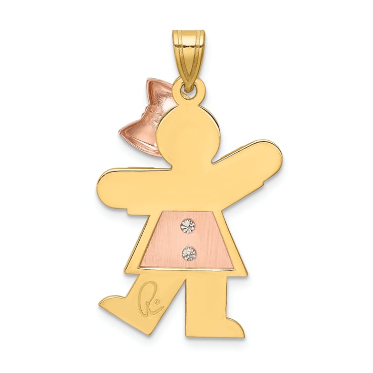 14k Yellow Gold and 14k Rose Gold Satin Diamond Kid with Bow Pendant