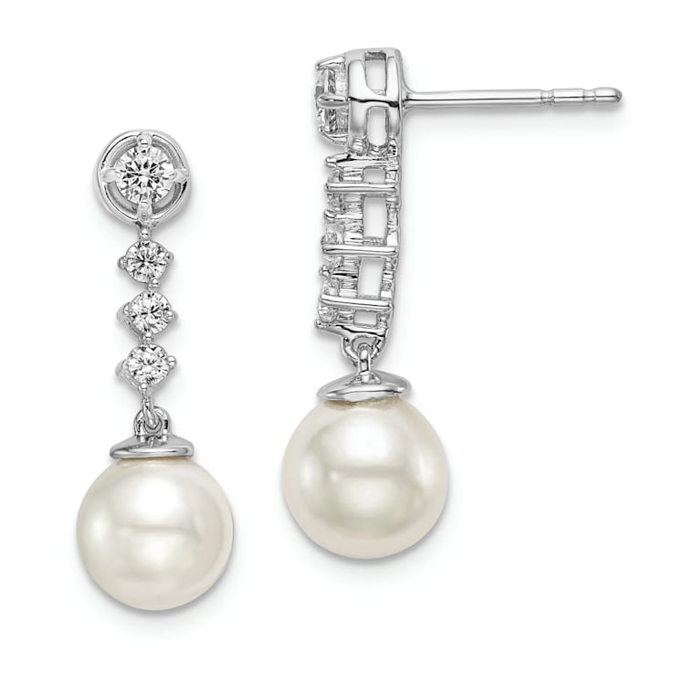 Rhodium Over 14K White Gold Freshwater Cultured Pearl and Diamond Post Earrings