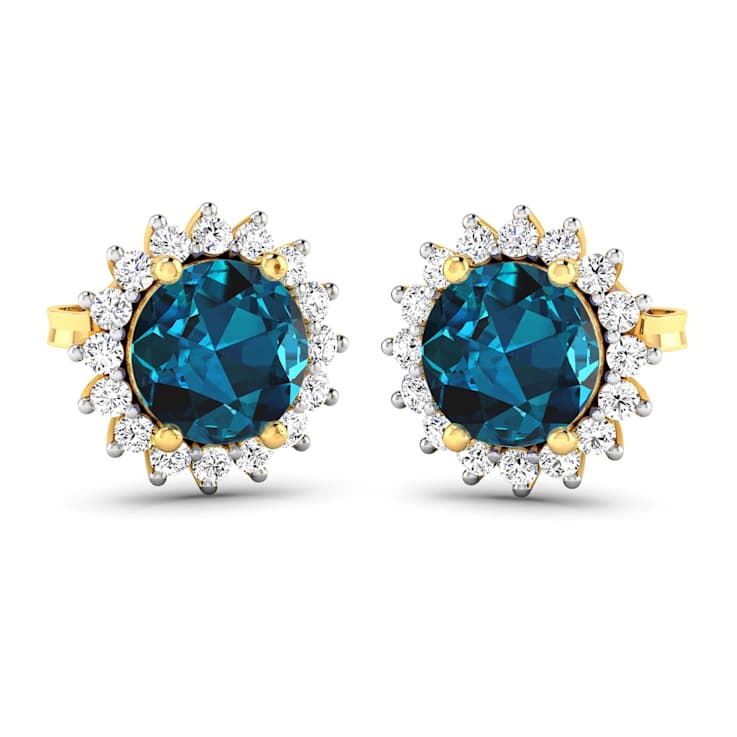 1.60ctw 14K Yellow Gold London Blue Topaz  and White Diamond Halo Earrings