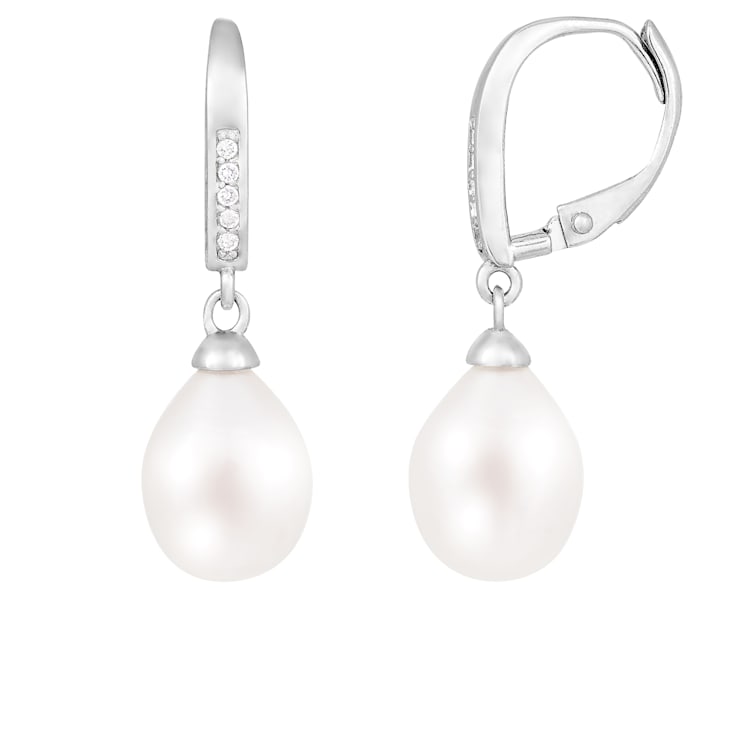 White Cultured Freshwater Pearl and Cubic Zirconia Rhodium Over Sterling
Silver 7-8mm Drop Earrings