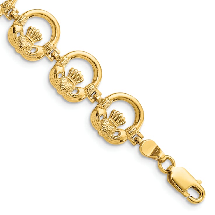 14k Yellow Gold Textured Claddagh Circle Horizontal Link Bracelet