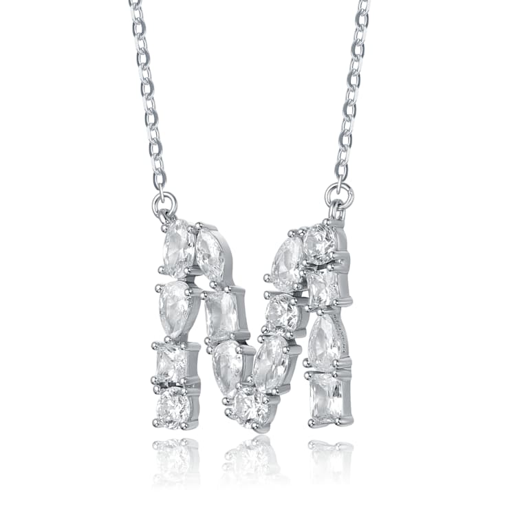 Initial M Mixed Cut CZ Pendant Necklace In Sterling Silver 18 Inch