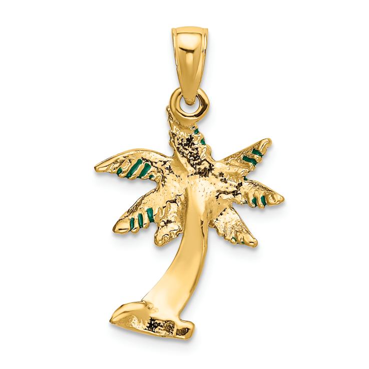 14k Yellow Gold Green Enameled Palm Tree Pendant