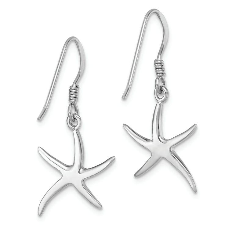 Rhodium Over Sterling Silver Polished Starfish Dangle Earrings