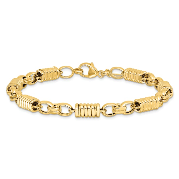 14K Yellow Gold Polished and Grooved Fancy Link Men's Bracelet
