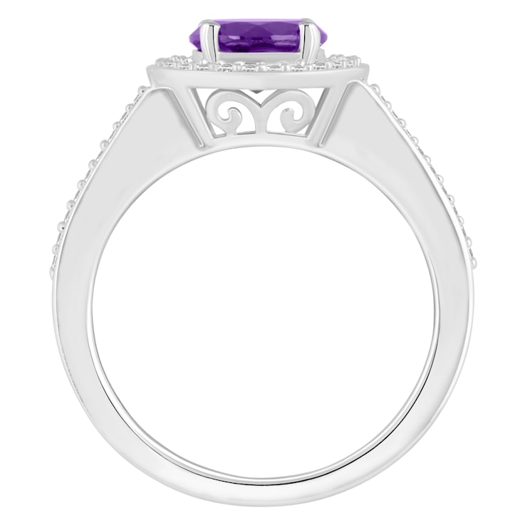 7mm Round Amethyst 1/5 ctw Diamond Rhodium Over Sterling Silver Halo Ring