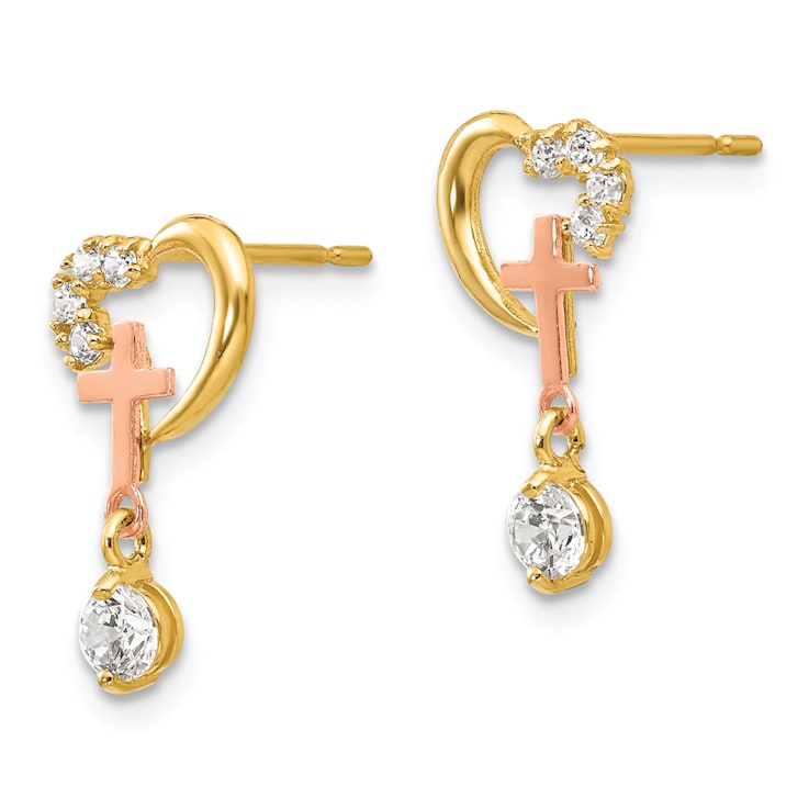 14k Yellow Gold and 14k Rose Gold Cubic Zirconia Children's Cross and
Heart Stud Earrings