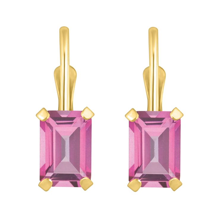 6x4mm Emerald Cut Pink Topaz 10k Yellow Gold Drop Earrings