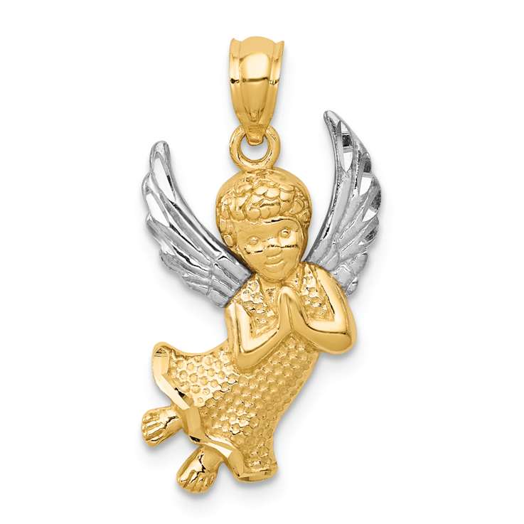 14K Two-tone Gold  Diamond-Cut and Textured Praying Angel Pendant