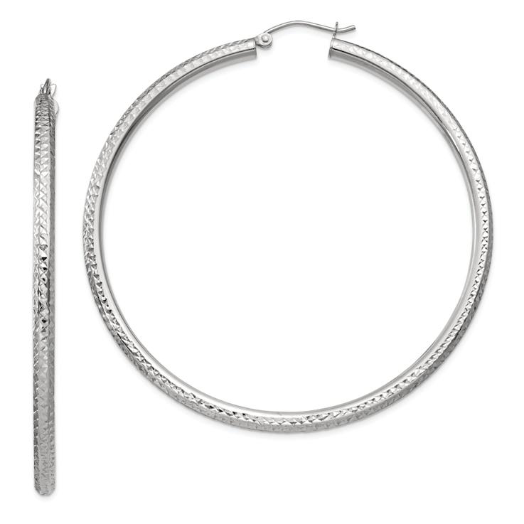 Rhodium Over 14k White Gold Diamond-Cut 2 3/8" Round Hoop Earrings