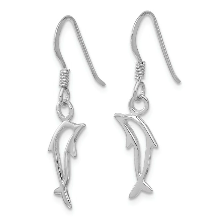 Rhodium Over Sterling Silver Polished Dolphin Dangle Earrings