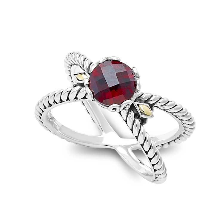 Garnet X-Design Ring In Sterling Silver With 18K Gold Accents