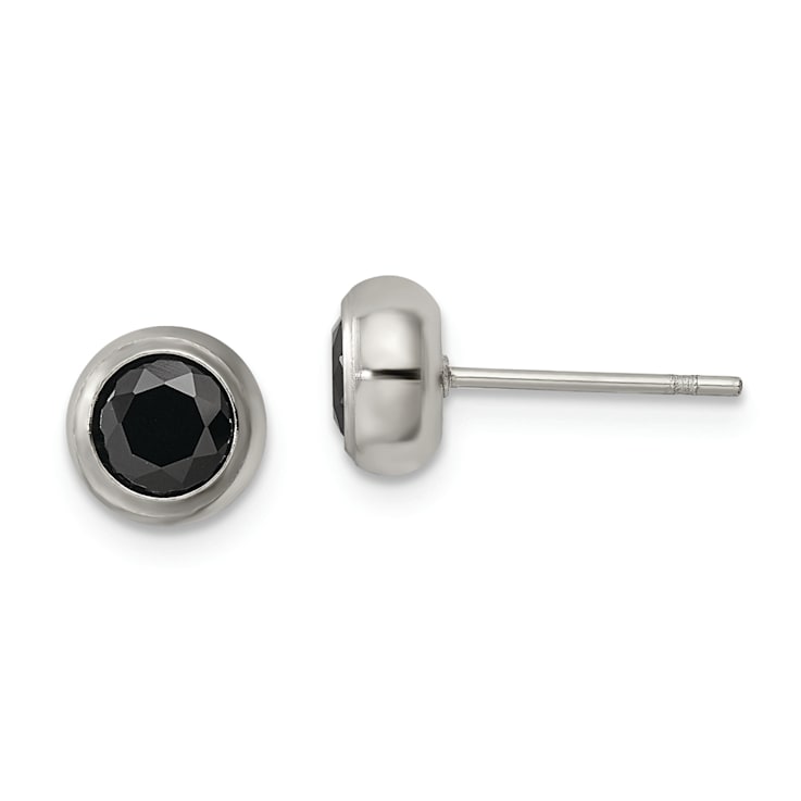 無料発送 Stainless Earrings Post Stud CZ Black Bezel 5mm Polished Steel 靴