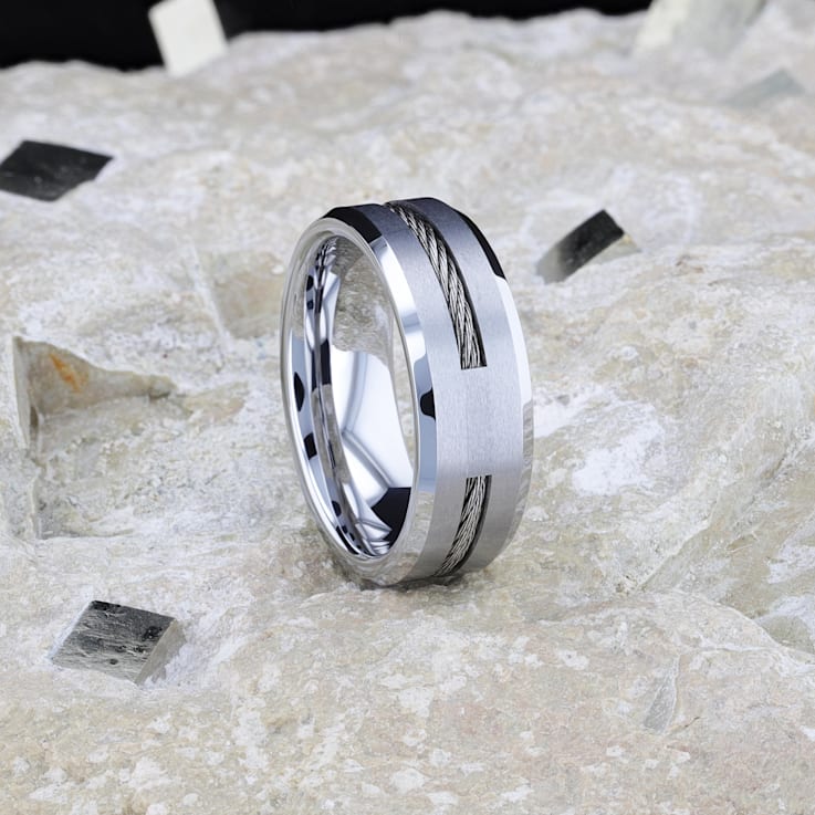 LANNISTER Men’s Tungsten Flat Wedding Band with Steel Wire Cable Inlay
and Beveled Edges 8mm