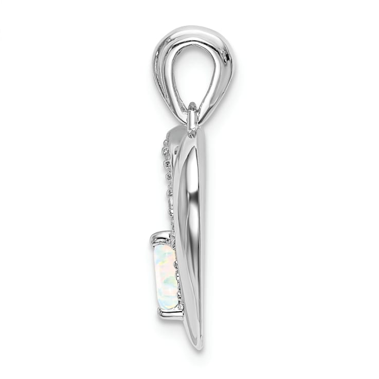 Rhodium Over 14k White Gold Lab Created Opal and Diamond Heart Pendant