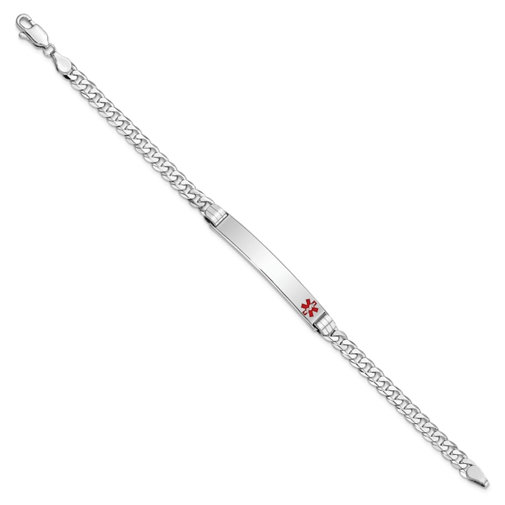 Rhodium Over 14k White Gold Medical Red Enamel Flat Curb Link ID Bracelet