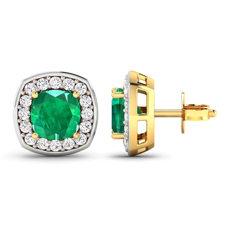 1.92ctw 14K Yellow Gold  Zambian Green Emerald and White Diamond Halo Earrings