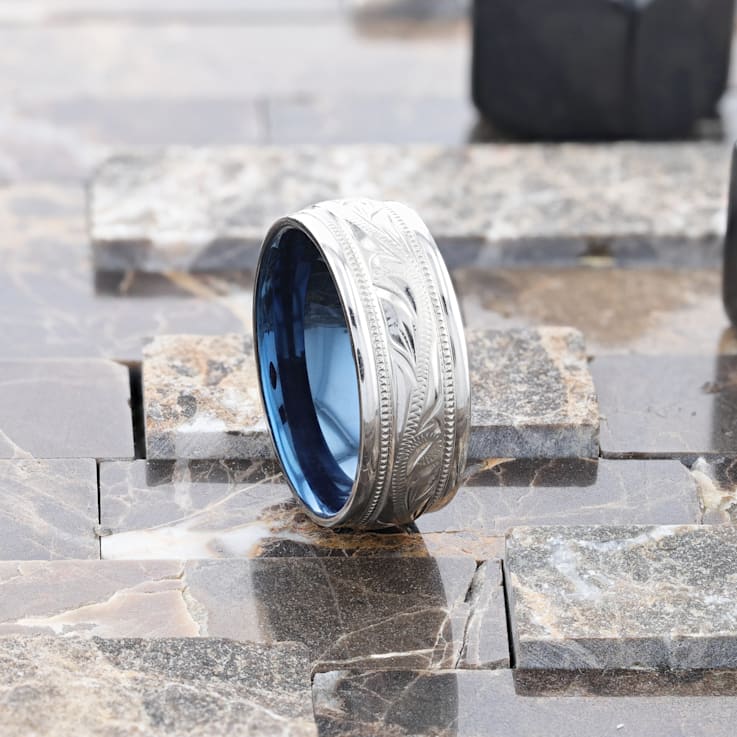 MARINER Titanium Milgrain Engraved Finish Men 's Wedding Ring with Blue
Plating Inside 8mm