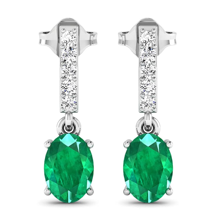 1.12ctw 14K White Gold  Zambian Green Emerald and White Diamond Halo Earrings