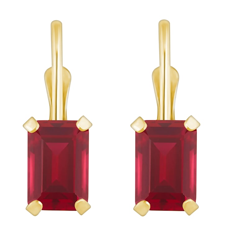 6x4mm Emerald Cut Lab Created Ruby 10k Yellow Gold Drop Earrings
