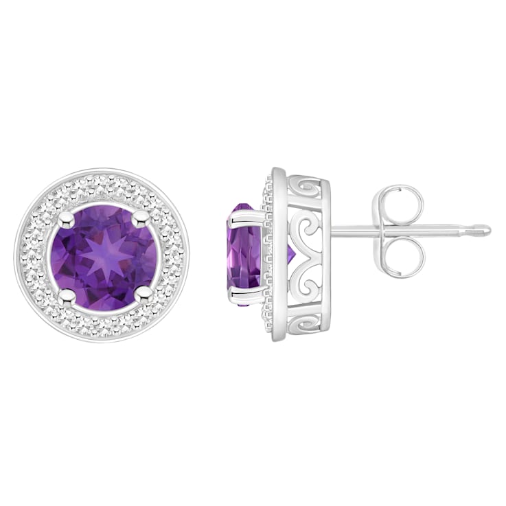 6mm Round Amethyst 1/5 ctw Diamond Rhodium Over Sterling Silver Halo
Stud Earrings