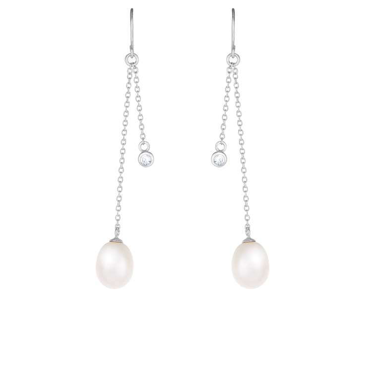 9-10mm White Cultured Freshwater Pearl and Cubic Zirconia Rhodium Over
Sterling Silver Earrings