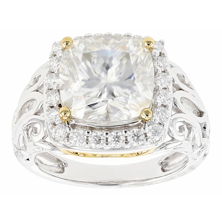 Candlelight and colorless moissanite platineve and 14k yellow gold over
silver halo ring 5.62ctw DEW