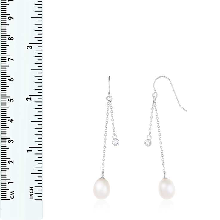 9-10mm White Cultured Freshwater Pearl and Cubic Zirconia Rhodium Over
Sterling Silver Earrings
