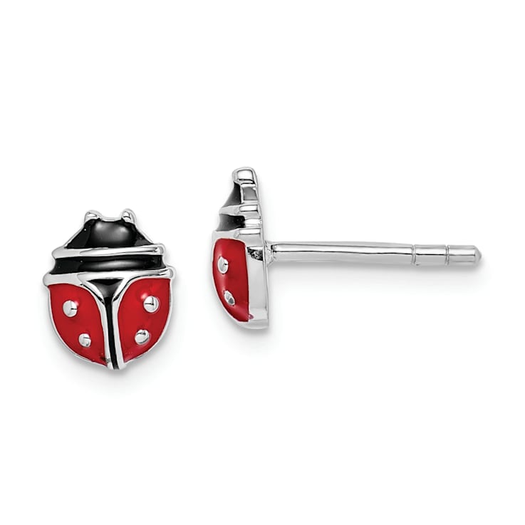 Rhodium Over Sterling Silver Enamel Ladybug Children's Post Earrings