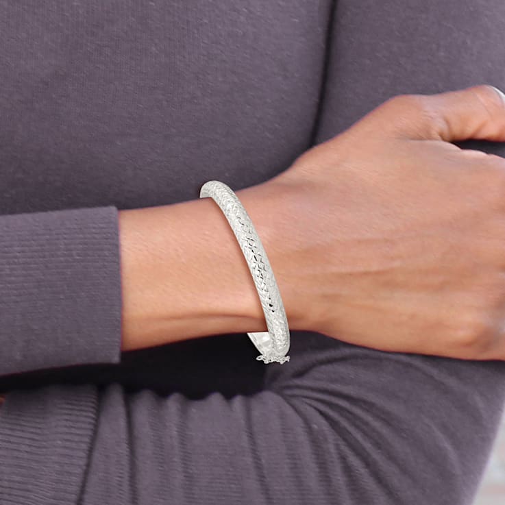 Rhodium Over Sterling Silver Polished and Diamond-cut 7.00mm Hinged Bangle