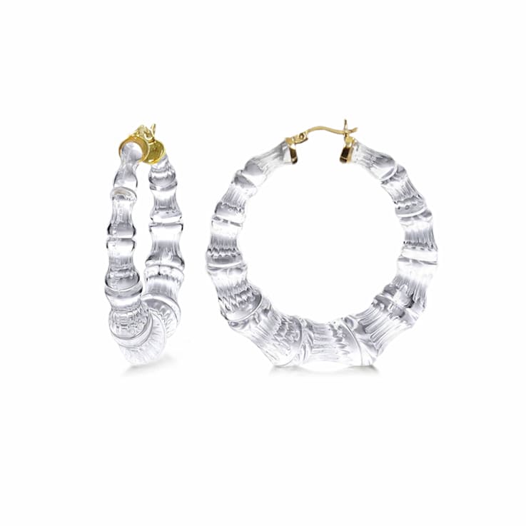 14K Yellow Gold Over Sterling Silver Bamboo Acrylic Hoops in Clear