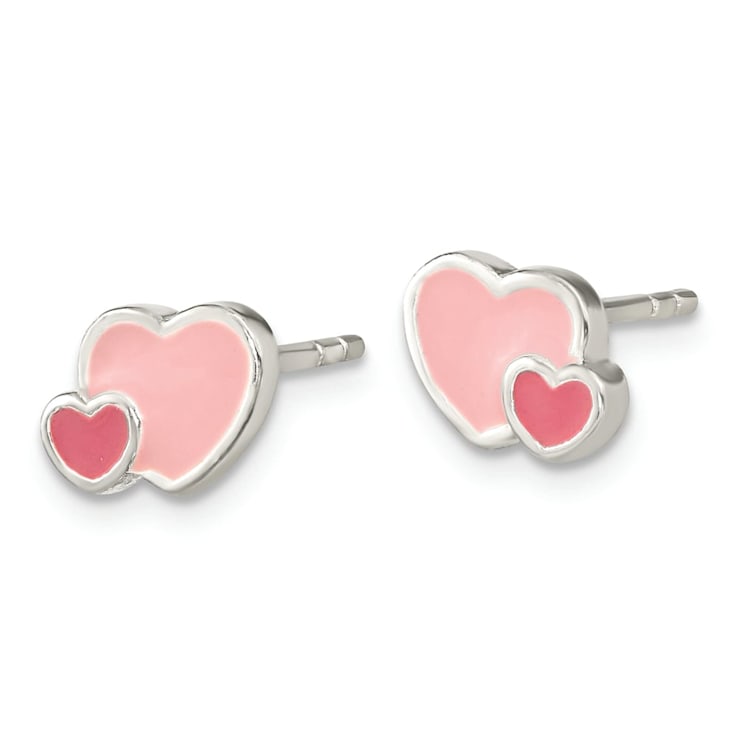 Rhodium Over Sterling Silver Pink Enamel Double Heart Post Earrings