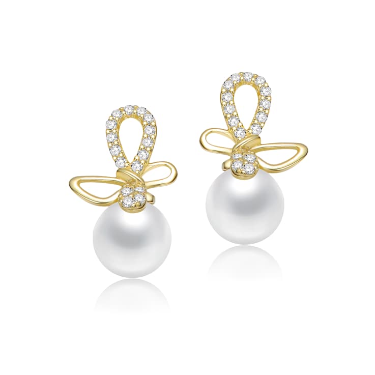Butterfly CZ And Mother Of Pearl Drop Earrings In 14K Gold Over Brass