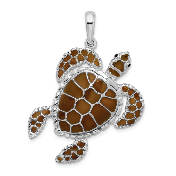 Rhodium Over Sterling Silver Polished Enameled Brown Sea Turtle Pendant