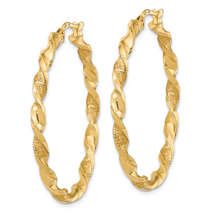 14k Yellow Gold Polished and Textured Twisted 1 5/8" Hoop Earrings