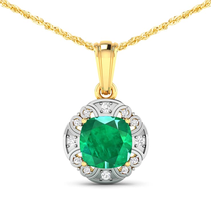 2.07ctw 14K Yellow Gold Zambian Emerald and White Diamond Pendant with
18 inch Cable Chain