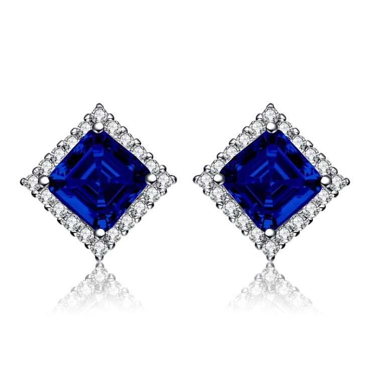 Sapphire Color CZ Square Stud Earrings In White Rhodium Over Brass