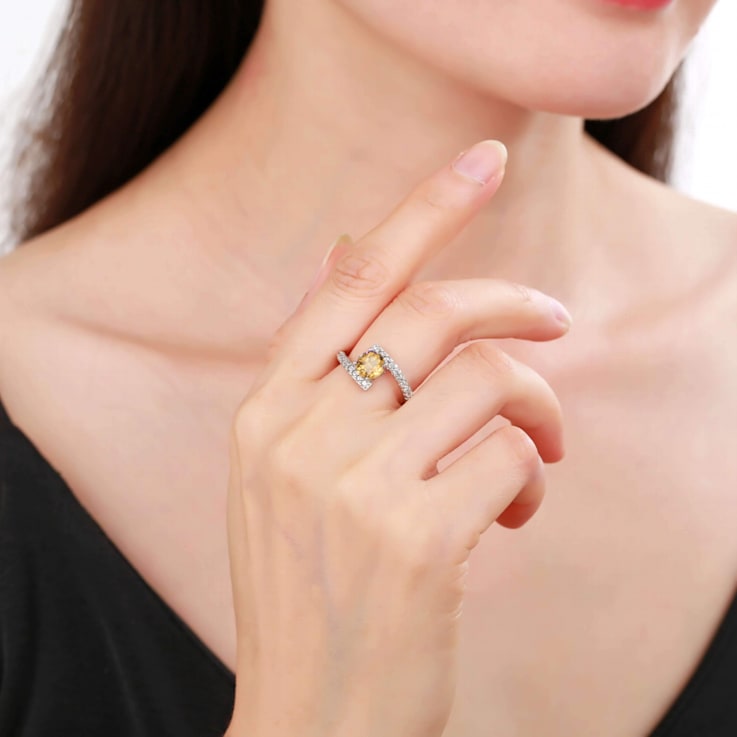 Citrine with White Sapphire Accents Sterling Silver Bypass Ring, 1.11ctw