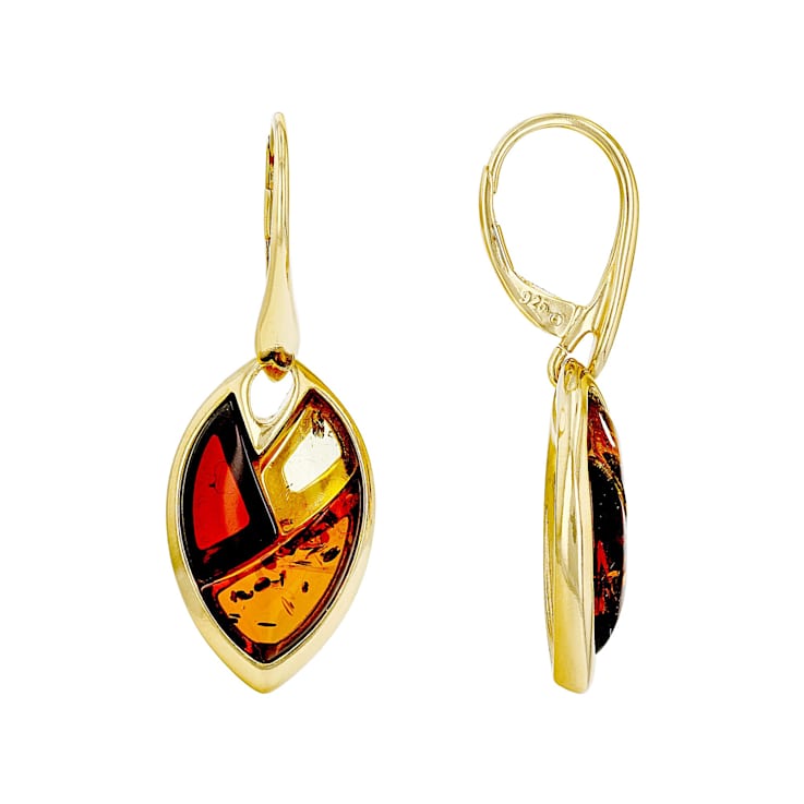 Amber Inlay Dangle Earrings In 18K Gold Over Sterling Silver 13x7mm