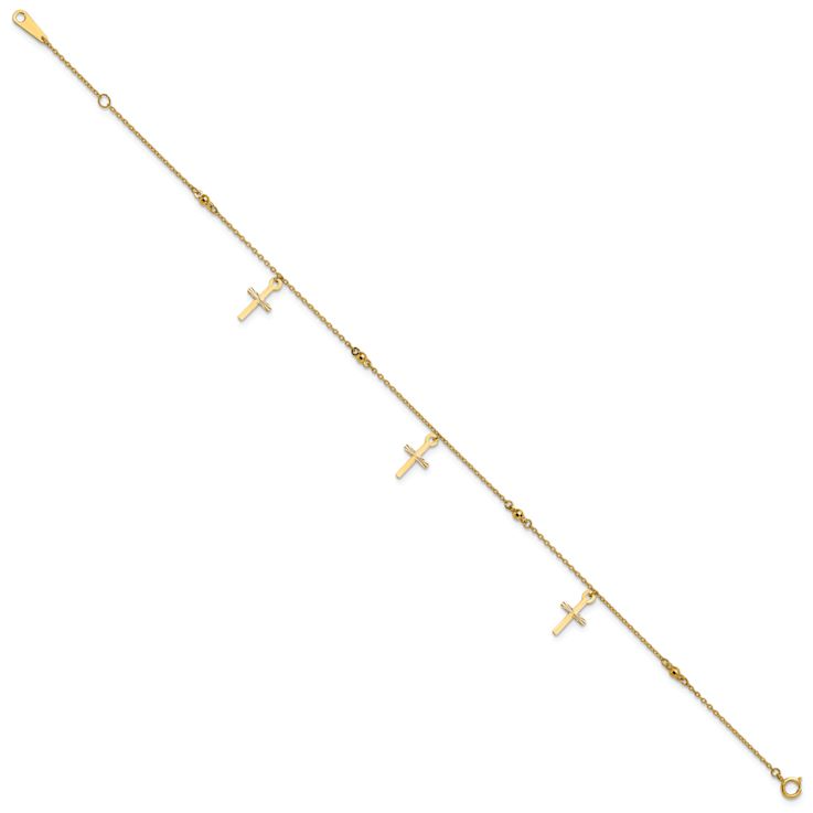 10k Yellow Gold Polished and Textured Cross Charm Cable Link Anklet