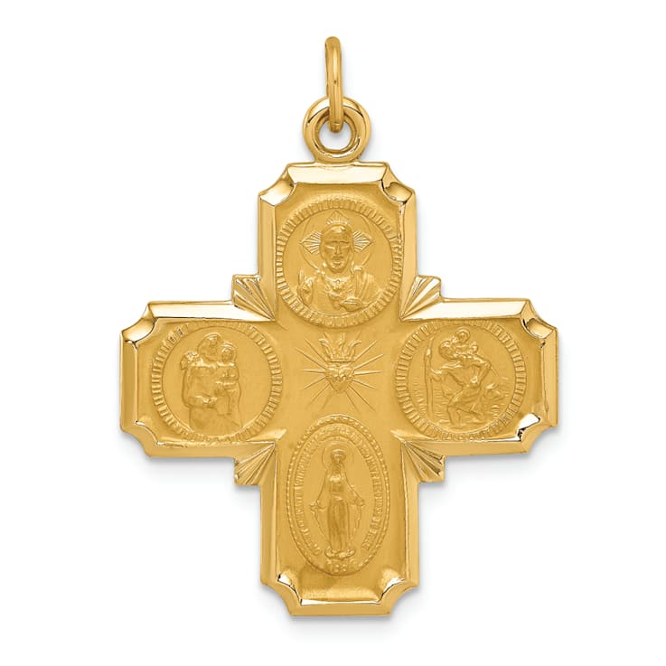 14K Yellow Gold Solid Polished and Satin Medium 4-Way Medal Pendant