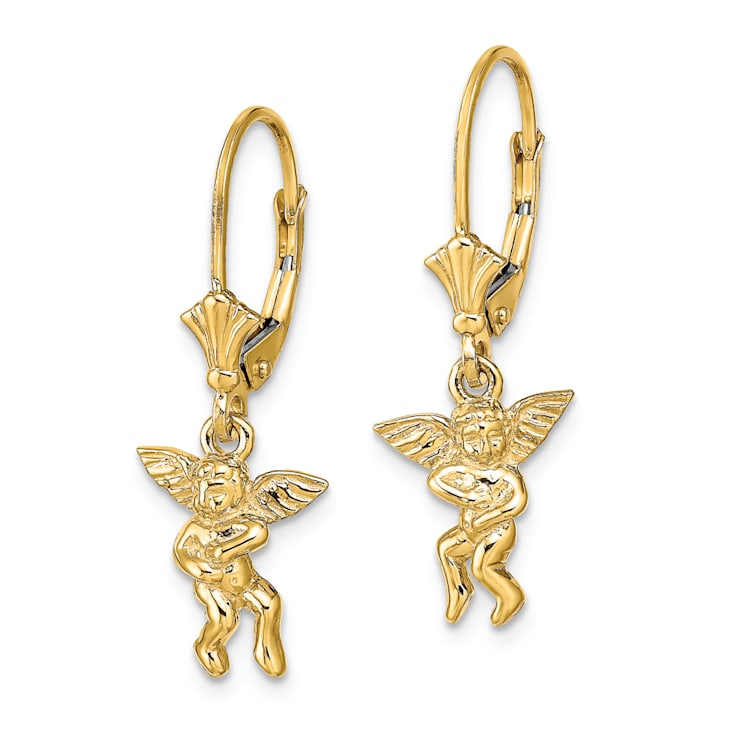 14k Yellow Gold Textured Angel Dangle Earrings