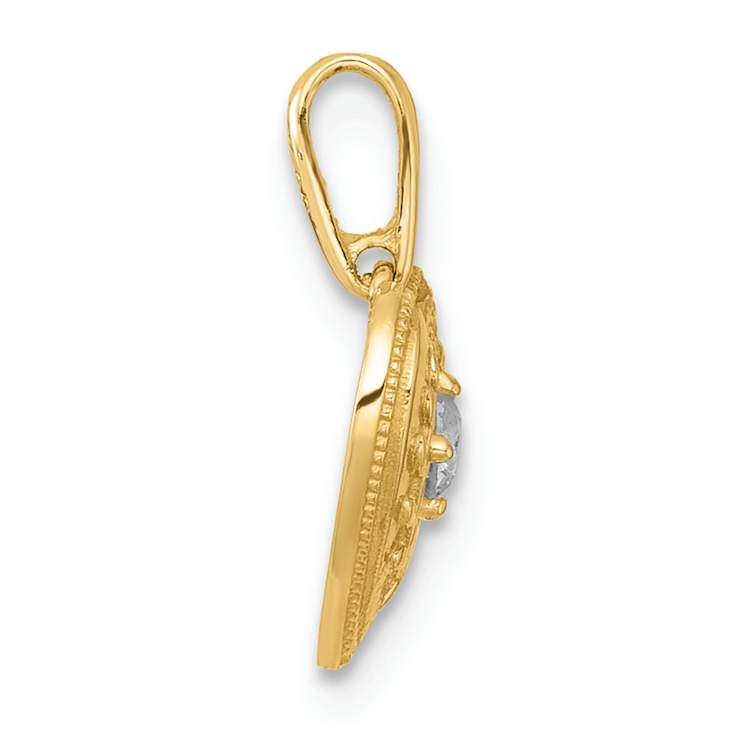 14K Yellow Gold Polished and Textured Cubic Zirconia Floral Heart Pendant